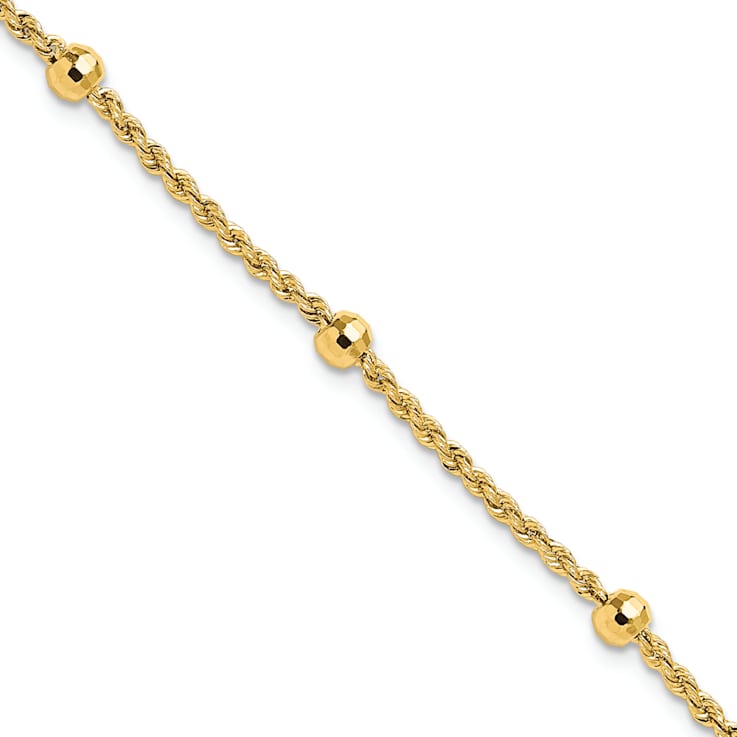 14K Yellow Gold Diamond-cut Beaded Rope Chain Bracelet