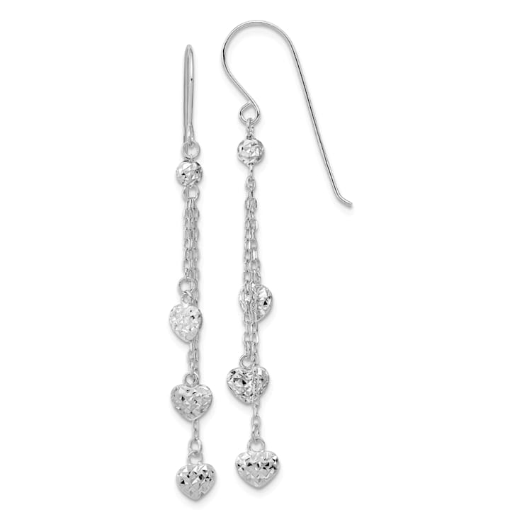 Rhodium Over 14k White Gold Diamond-Cut Triple Heart Dangle Earrings