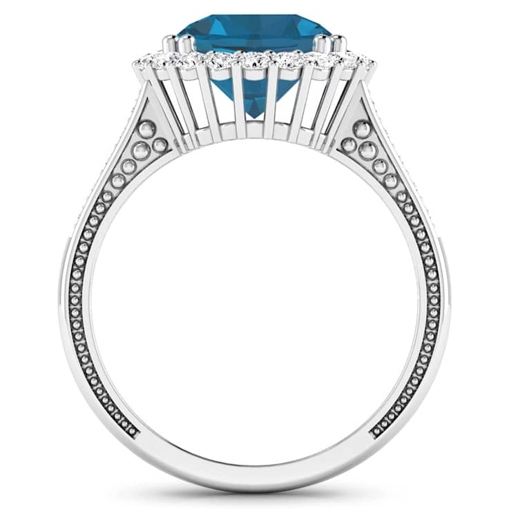 Round London Blue Topaz and Diamond 14K White Gold Halo Ring 3.44 ctw