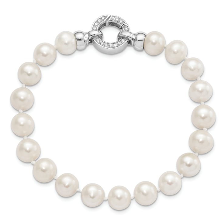 Rhodium Over Sterling Silver 9-10mm White Freshwater Cultured Pearl
Cubic Zirconia Fancy Bracelet