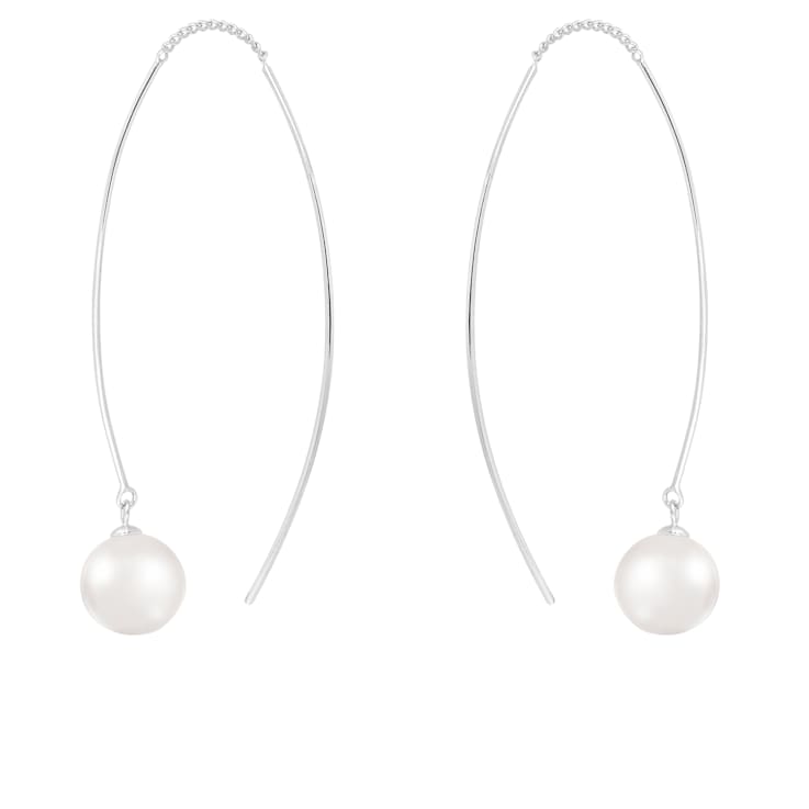 7-8mm Akoya Pearl Rhodium Over Sterling Silver Threader Earrings