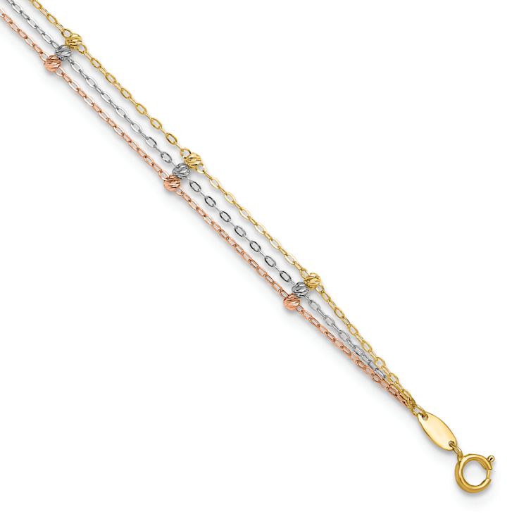 10k Yellow Gold, 10k White Gold and 10k Rose Gold 3-Strand Diamond-Cut
Beaded Cable Link Anklet
