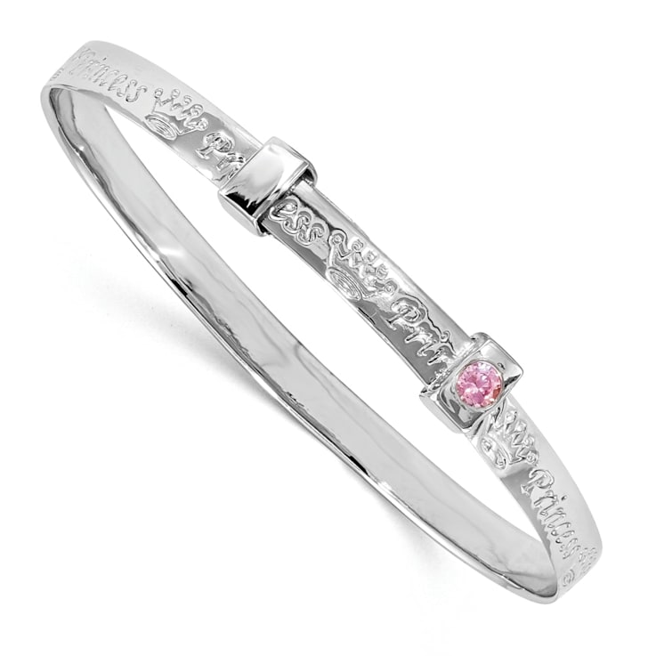 Rhodium Over Sterling Silver Pink Cubic Zirconia Princess Adjustable Bangle