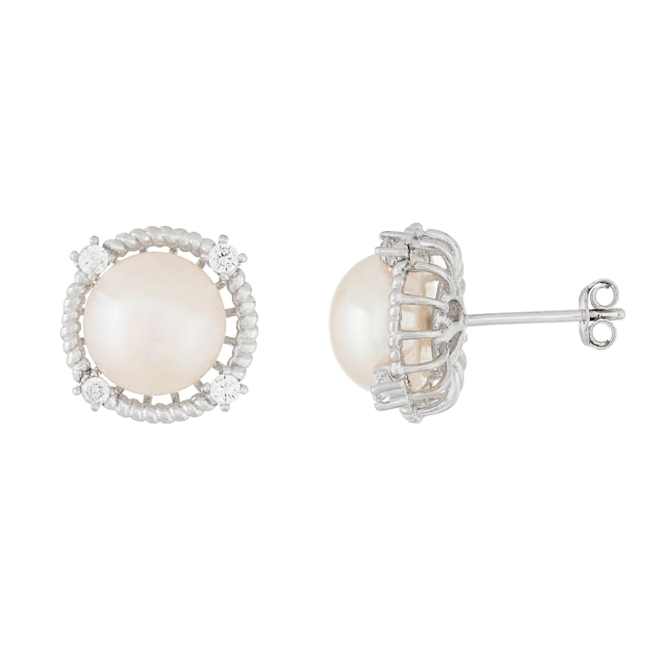 White Cultured Freshwater Pearl and CZ Rhodium Over Sterling Silver
9-10mm Button Earrings