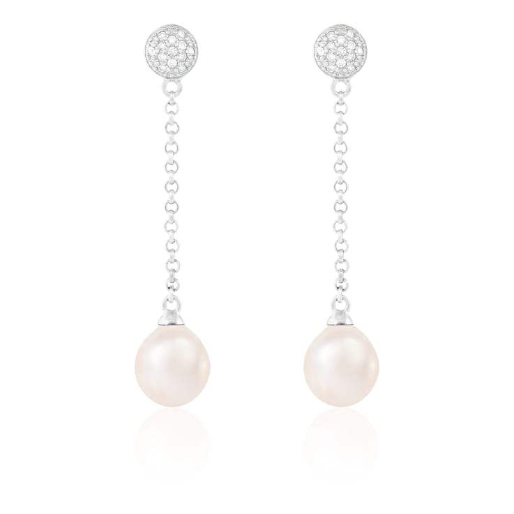 7-7½mm White Cultured Freshwater Pearl and Cubic Zirconia Rhodium Over
Sterling Silver Earrings