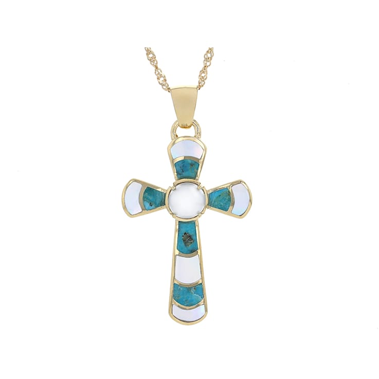 Cultured Freshwater Pearl, Turquoise And Mother-Of-Pearl Cross Pendant
Necklace In 18K Gold Over Sterling Silver