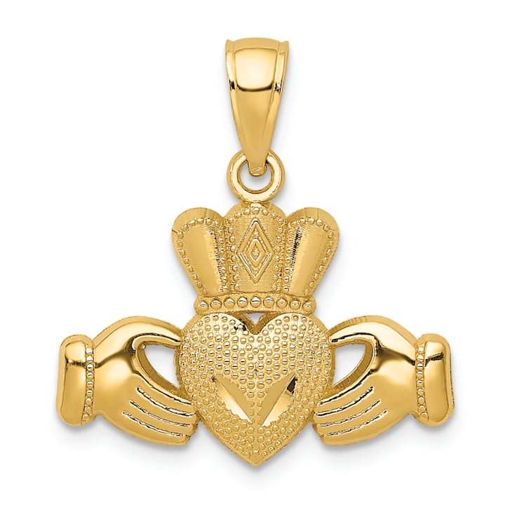 14k Yellow Gold Polished and Textured Claddagh Pendant