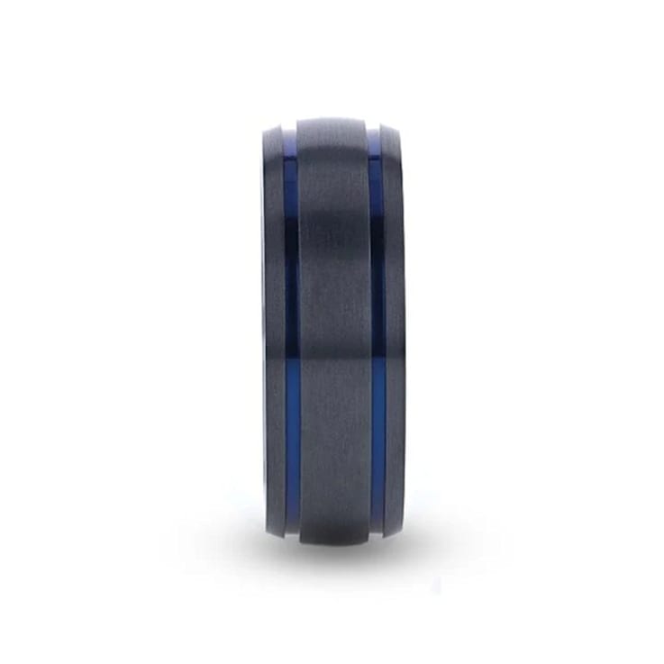 SHERIFF Domed Black Titanium Brushed Finish Men’s Wedding Ring with Blue
Grooves 8mm