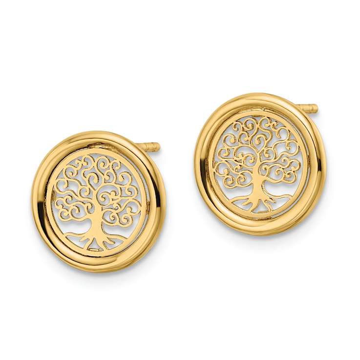 14k Yellow Gold Polished Tree of Life in Circle Stud Earrings