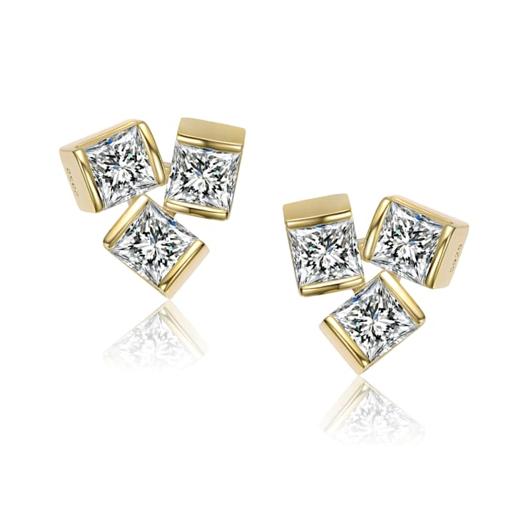 CZ Three-Stone Stud Earrings In 14K Gold Over Brass