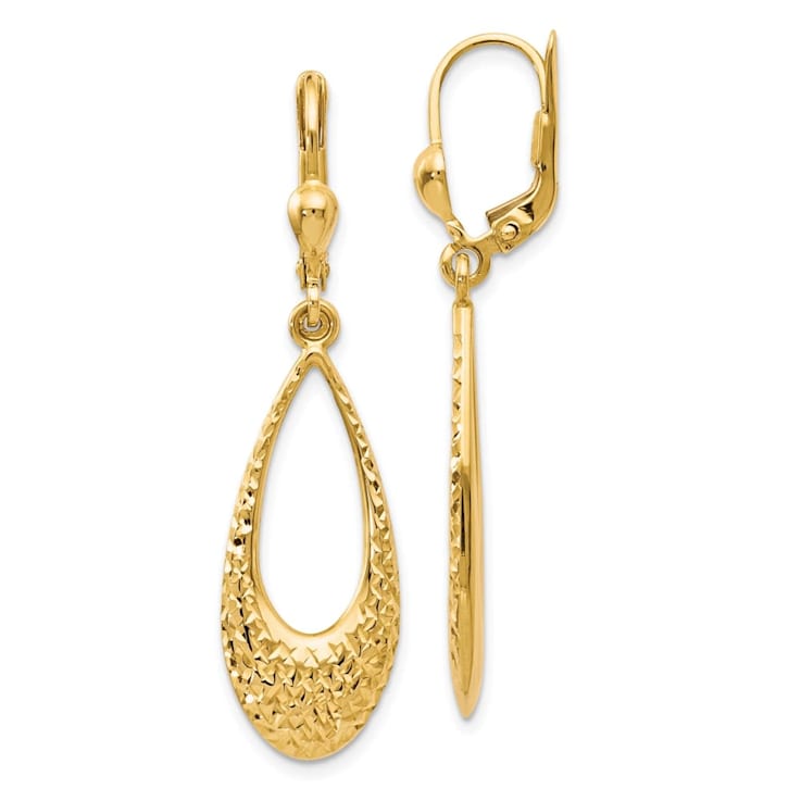 10k Yellow Gold Polished And Diamond-Cut Dangle Leverback Earrings