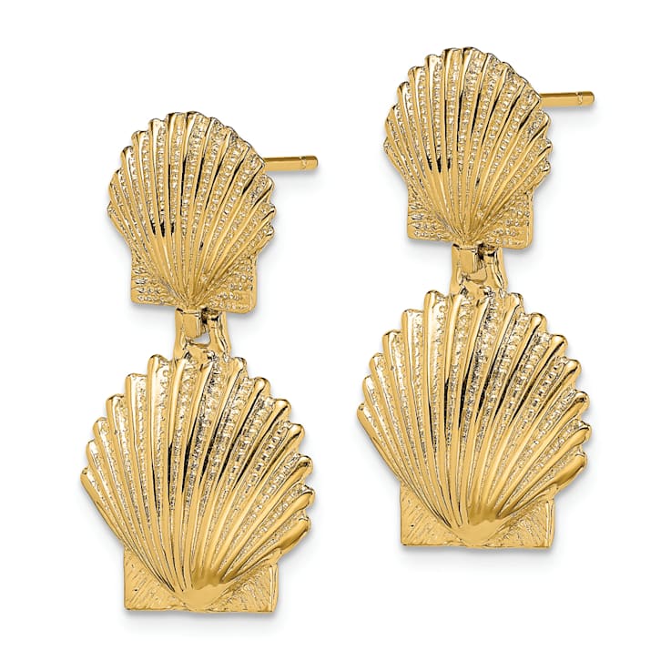 14k Yellow Gold Textured Double Scallop Shell Stud Earrings