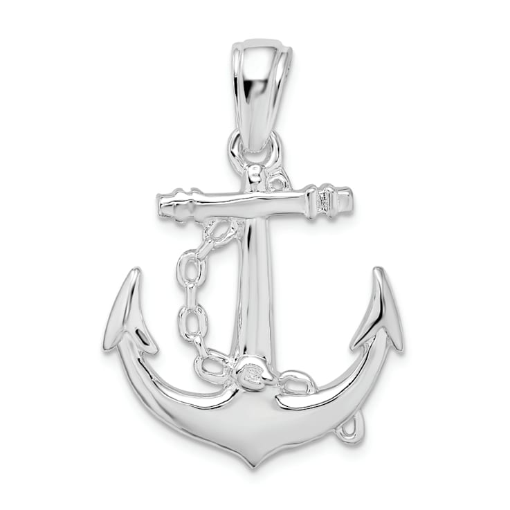 Rhodium Over Sterling Silver Polished 3D Anchor with Chain Pendant