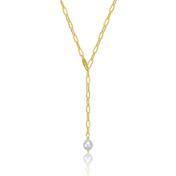 Pear Shape Freshwater Pearl Y-Style Necklace In 14K Gold Over Sterling Silver