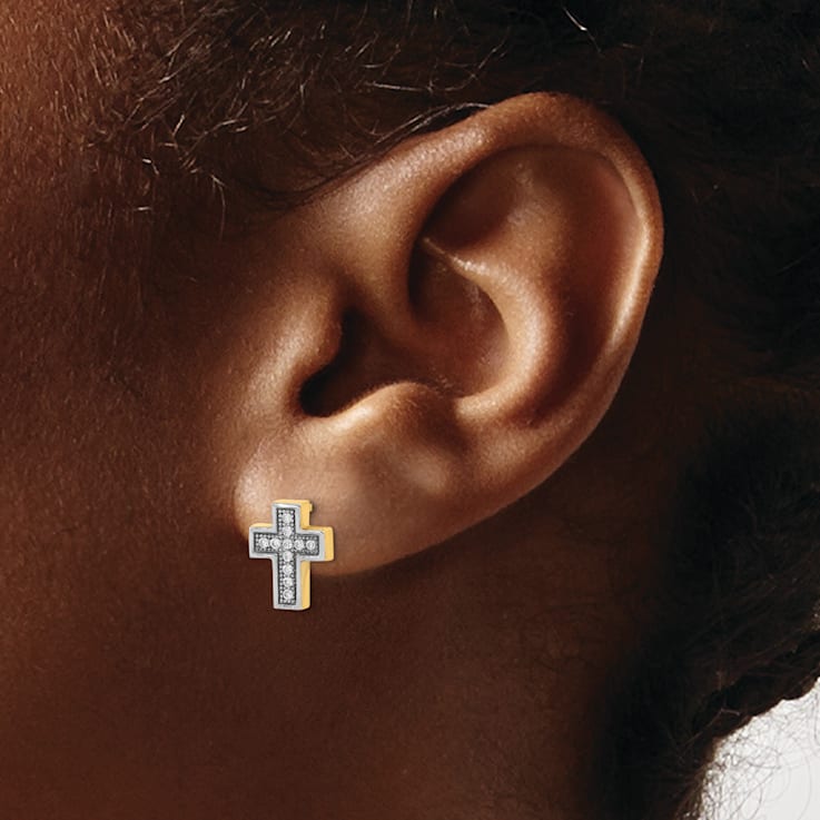 14K Yellow Gold and Rhodium Over 14K Yellow Gold Micro Pave Cubic
Zirconia Cross Stud Earrings