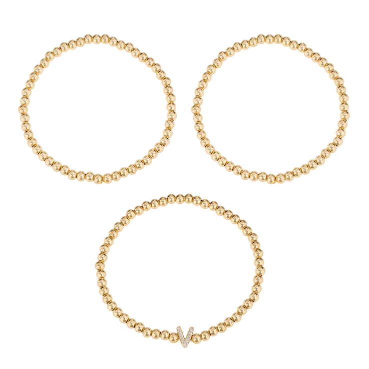 Initial V CZ Beaded Bracelet Set In 14K Gold Over Brass 0.10ctw