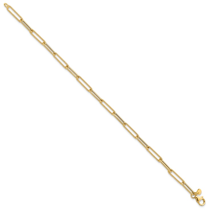 14K Yellow Gold Polished and Textured Paperclip Link Bracelet