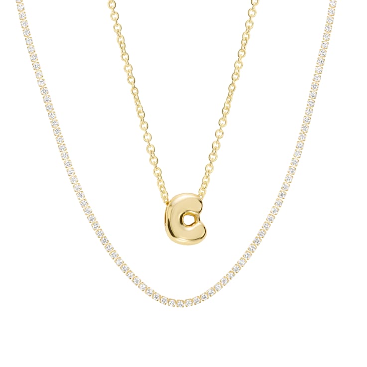 CZ Initial C Tennis Necklace And Pendant Set In 14K Gold Over Brass 4.05ctw