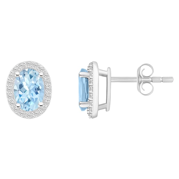 7x5mm Oval Simulated Aquamarine And Created White Sapphire 10k White
Gold Halo Stud Earrings