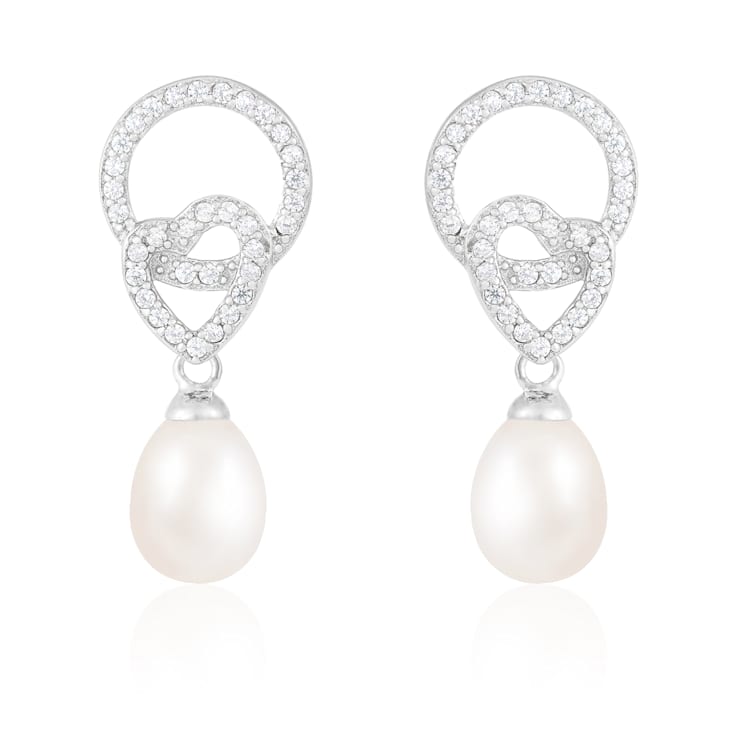 8-8.5mm White Cultured Freshwater Pearl and Cubic Zirconia Rhodium Over
Sterling Silver Earrings