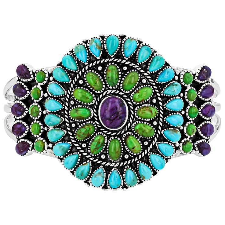 Purple, Green And Blue Turquoise Sterling Silver Cuff Bangle