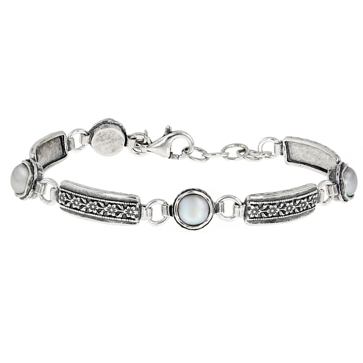 Cultured Freshwater Pearl Floral Station Bracelet In Sterling Silver 6.5-7mm
