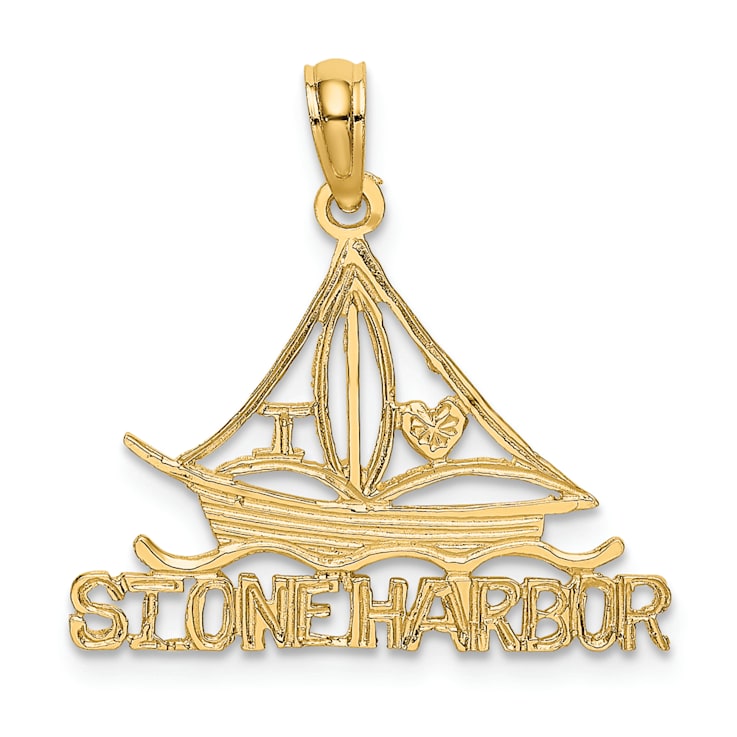 14k Yellow Gold Textured I Love Stone Harbor Sailboat pendant