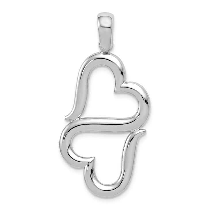 Rhodium Over 14k White Gold 3D Solid Double Hanging Hearts Pendant