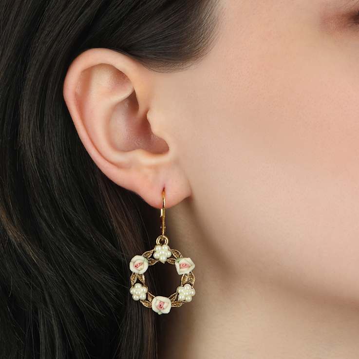 14K Gold Dipped Round Faux Pearl & White Porcelain Flower Earrings