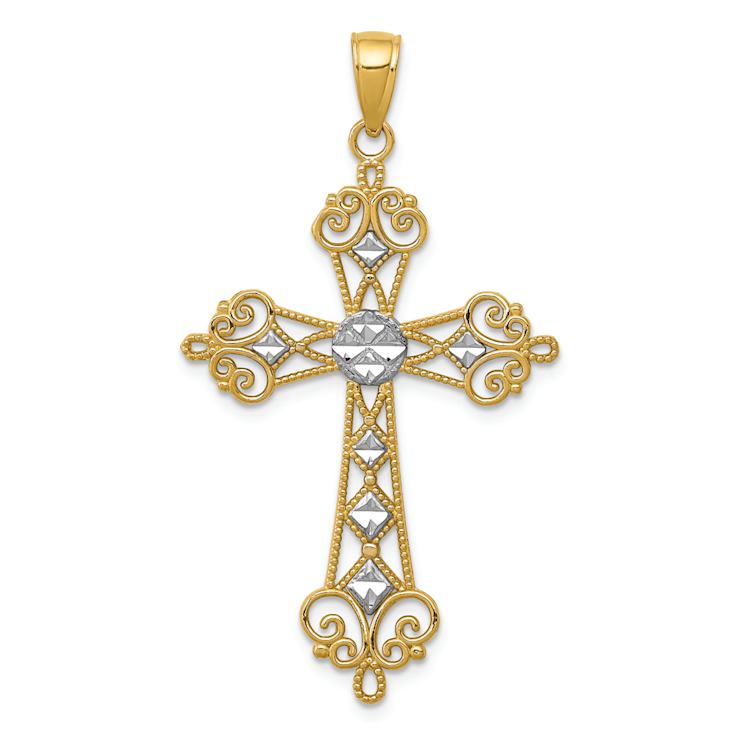 14K Two-tone Gold  Textured and Diamond-Cut Cut-Out Cross Pendant