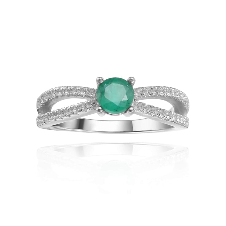 Round Emerald with White Sapphire Accents Sterling Silver Split Shank
Ring, 0.60ctw
