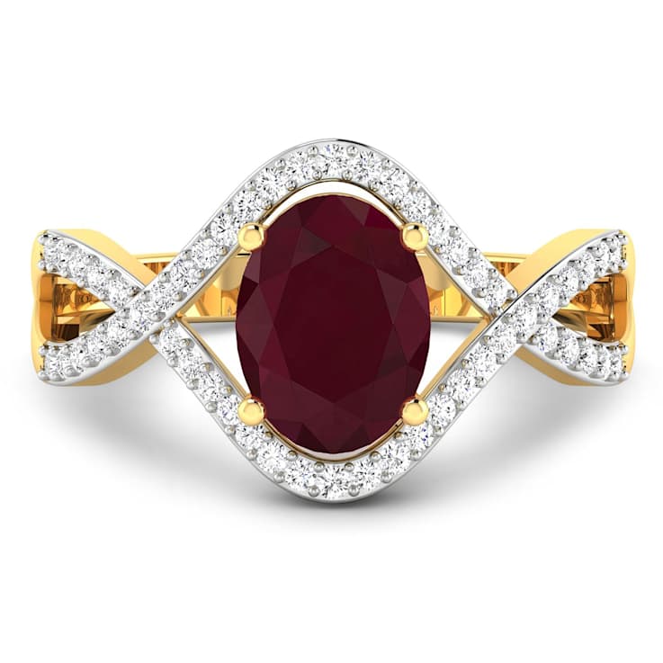 1.74ctw Red Ruby and Diamond 14K Yellow Gold Halo Ring