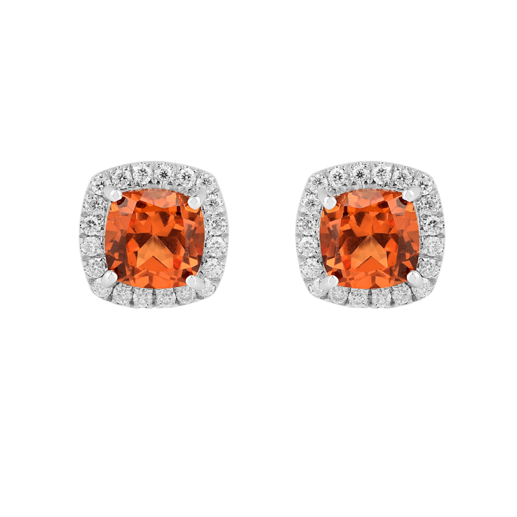 Peach Orange Lab Created Padparadscha Sapphire with Moissanite Rhodium
Over Silver Stud Earrings