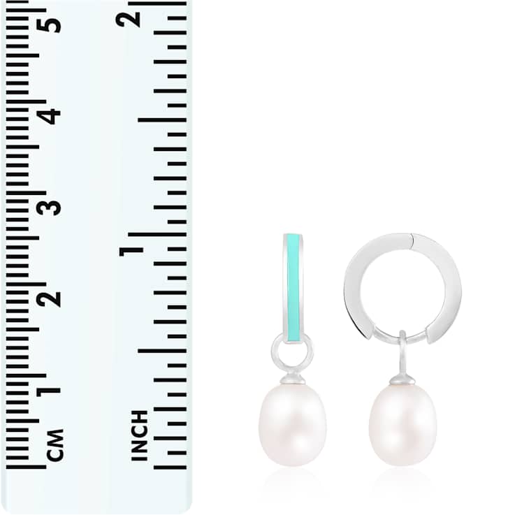 7.5-8mm White Cultured Freshwater Pearl and enamel green Rhodium Over
Sterling Silver Earrings