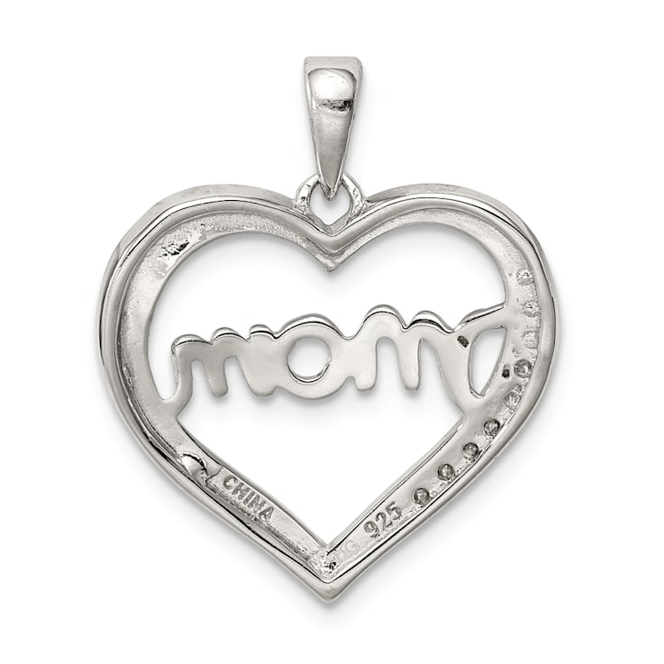 Rhodium Over Sterling Silver MOM Cubic Zirconia Heart Pendant