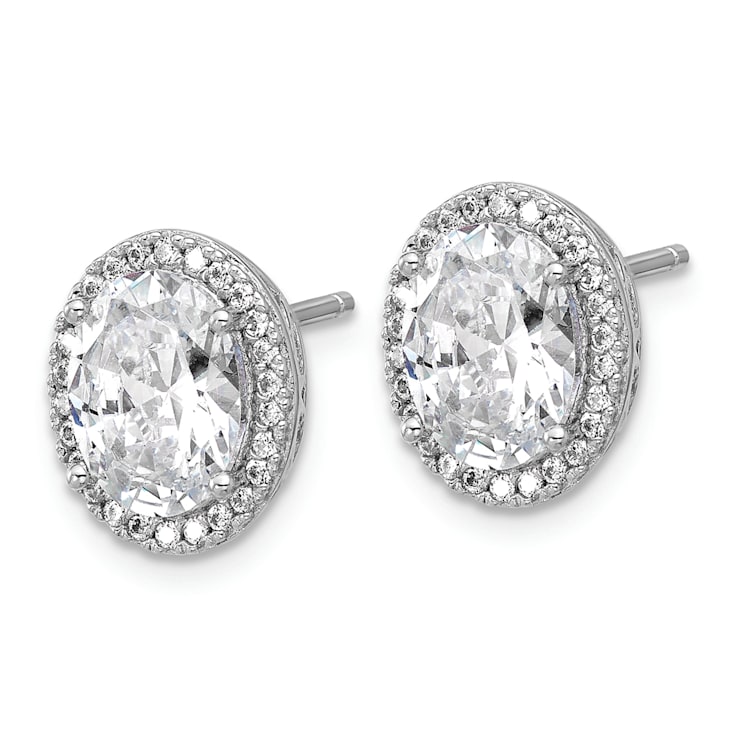 Rhodium Over Sterling Silver Oval Cubic Zirconia Halo Post Earrings