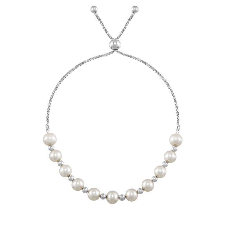 6-6.5mm Round White Freshwater Pearl and Sterling Silver Beads Bolo Bracelet