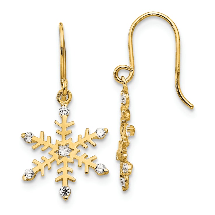 14K Yellow Gold Cubic Zirconia Children's Snowflake Dangle Earrings