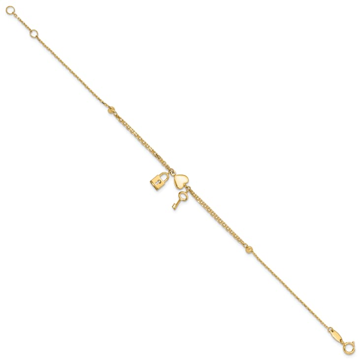 14k Yellow Gold Polished and Diamond-Cut Heart Lock and Key Bracelet