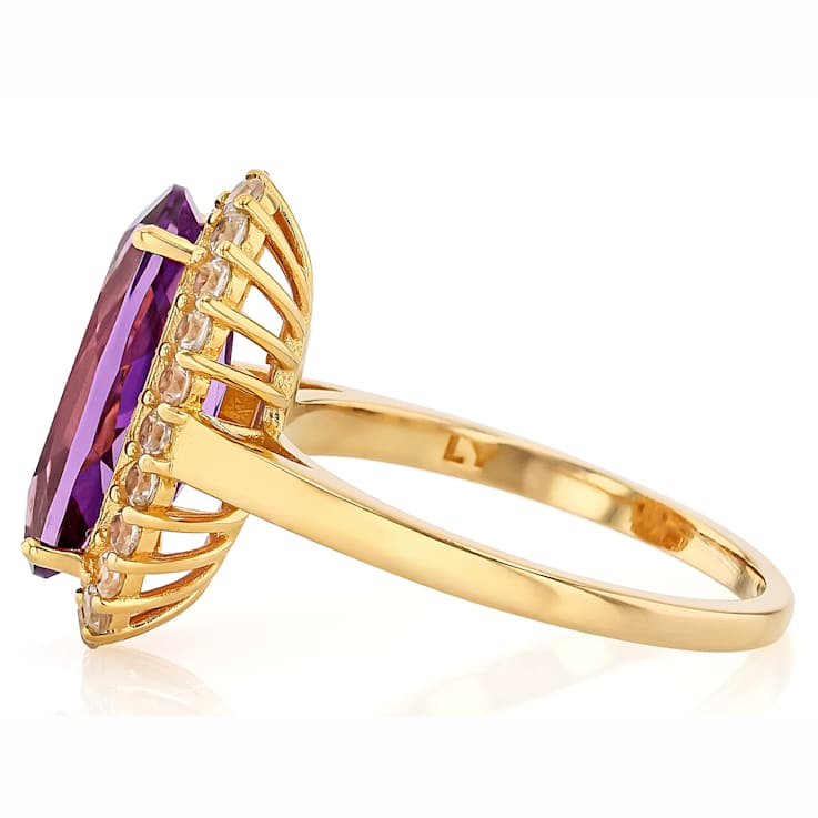 Amethyst Oval And White Zircon Ring In 18K Gold Over Sterling Silver 3.02ctw
