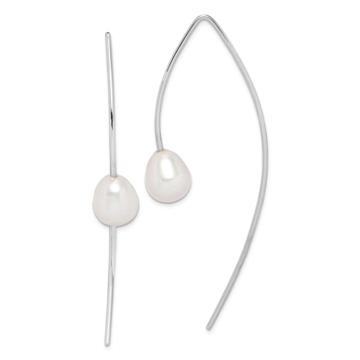 Rhodium Over Sterling Silver Polished 8-9mm Freshwater Cultured Pearl
Threader Earrings