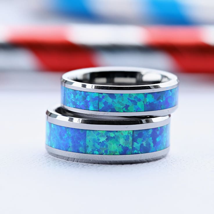QUASAR Tungsten Wedding Band with Blue Green Opal Inlay 8mm