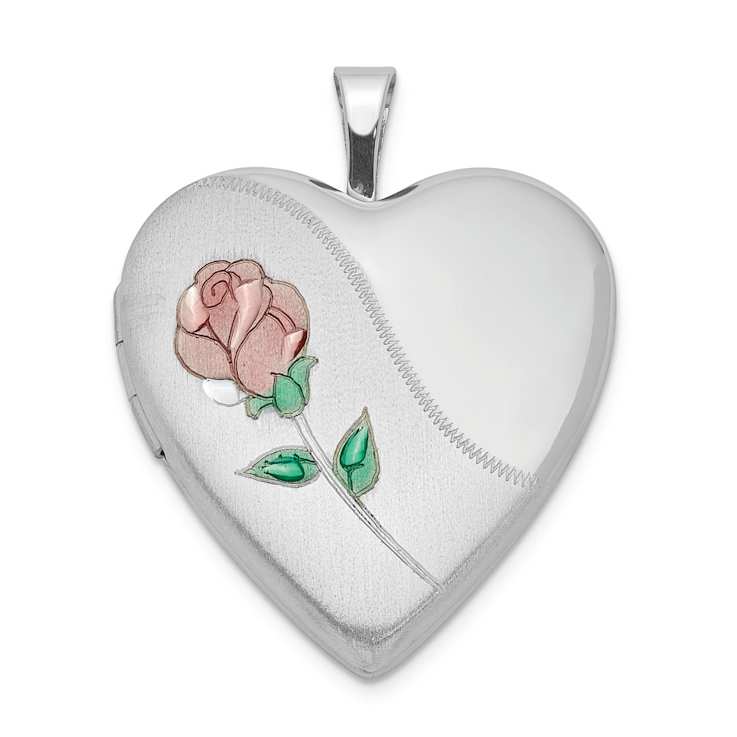 Rhodium Over Sterling Silver 20mm Satin, Enamel, Diamond-cut Floral
Heart Locket Pendant