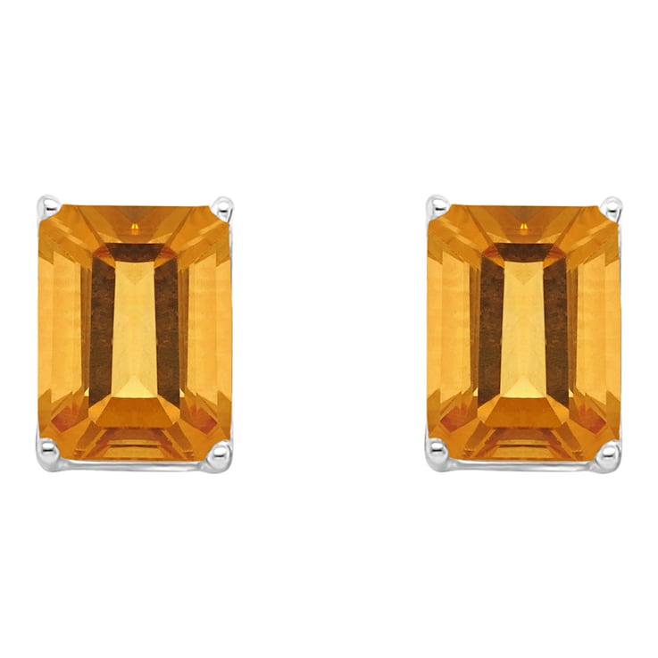 8x6mm Rectangular Octagonal Citrine Rhodium Over Sterling Silver Stud Earrings