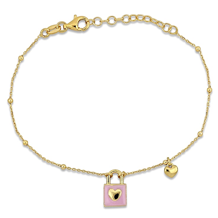 Children's Lock and Heart Pink Enamel Chain Bracelet 18K Yellow Gold
Over Sterling Silver
