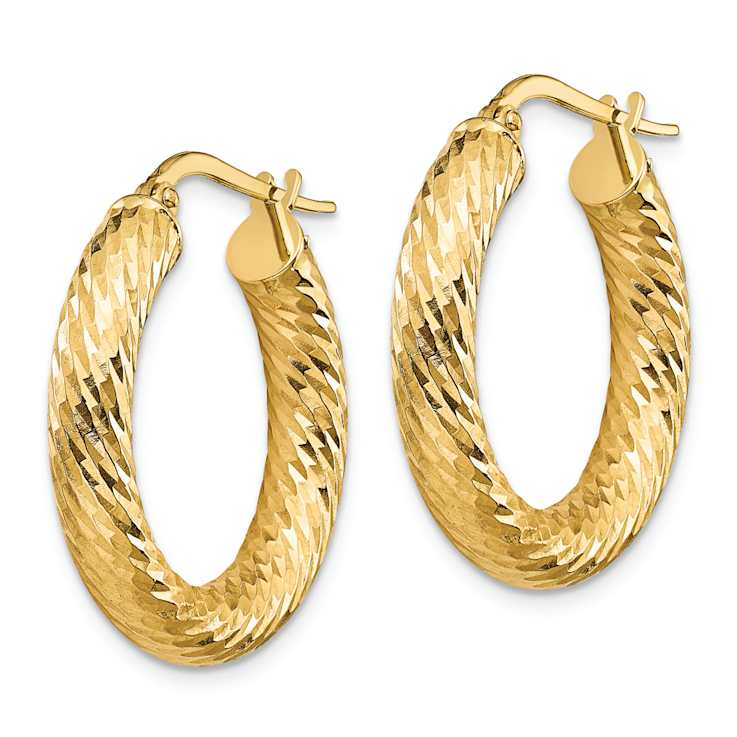 14k Yellow Gold Polished and Diamond-Cut 15/16" Round Hoop Earrings