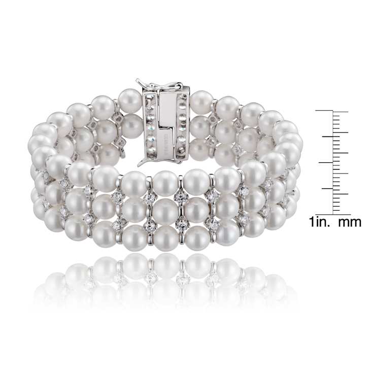 Triple-Strand Pearl And CZ Bracelet In Sterling Silver