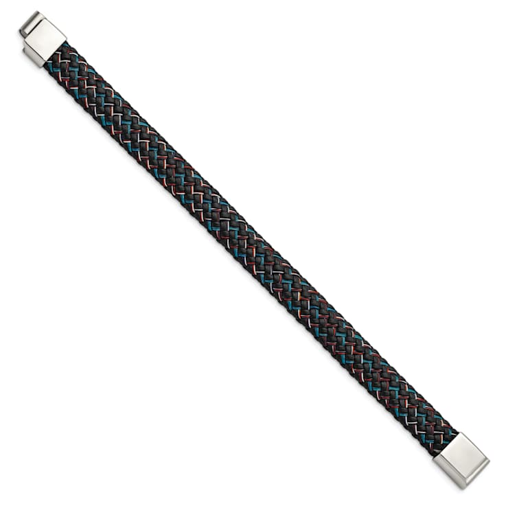 Stainless Steel Polished Black Leather with Multi-color Wire 8.25-inch Bracelet