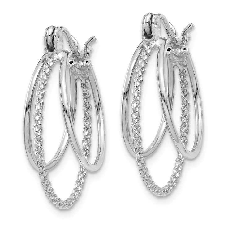 Rhodium Over 14k White Gold Polished and Textured 3/4" Circle Hoop Earrings