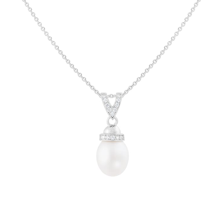 8-9mm White Cultured Freshwater Pearl Sterling Silver Pendant W/Chain